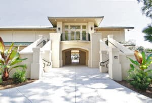 Stucco building with arched entryway