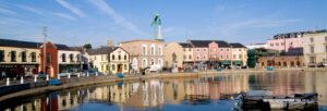 Colorful town buildings along a waterfront