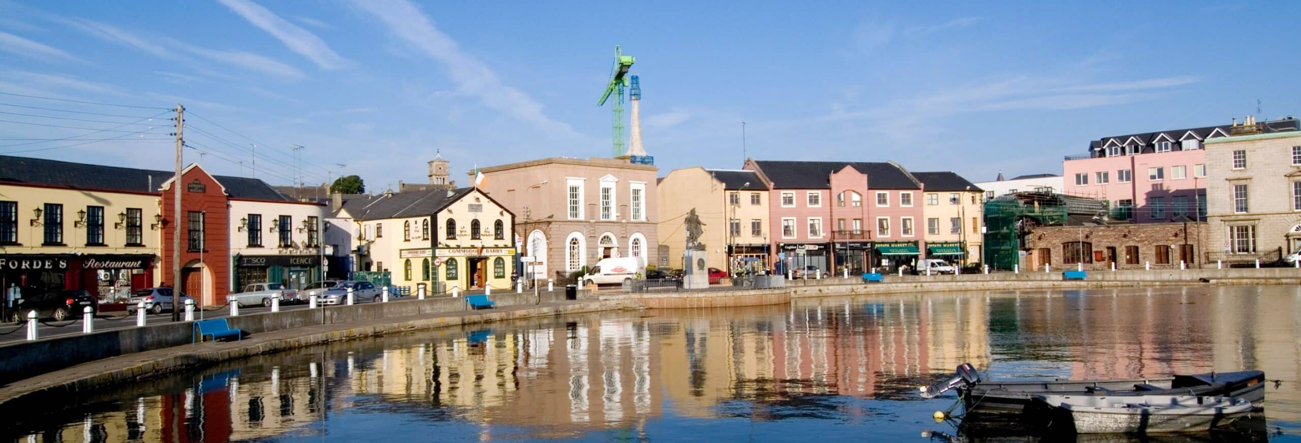 Colorful town buildings along a waterfront